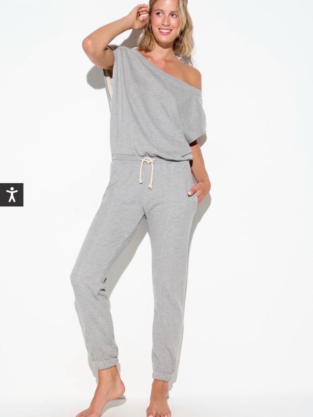 Spiritual Gangster Light Gray Off-Shoulder Jogger Jumpsuit